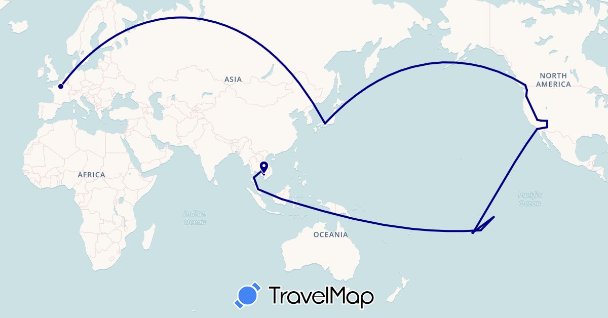 TravelMap itinerary: driving in Canada, France, Indonesia, Japan, Cambodia, Malaysia, French Polynesia, Thailand, United States (Asia, Europe, North America, Oceania)